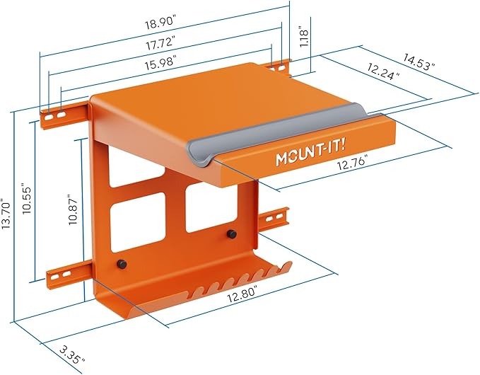 Mount-It! Bike Wall Mount Rack with Shelf and Hooks, Horizontal Indoor Bike Rack Garage Home, Space Saving Wall Mounted Hanger for a single Road, Mountain or other Bicycle with Extra Storage, Orange