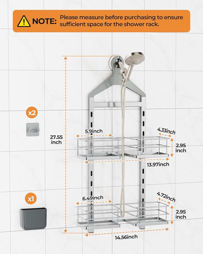 ODesign 2 Tier Shower Caddy for Handheld Shower Heads Anti-Swing Silver | No drilling required,comes with removable hook and storage box,suitable for handheld and wall-mounted showerheads
