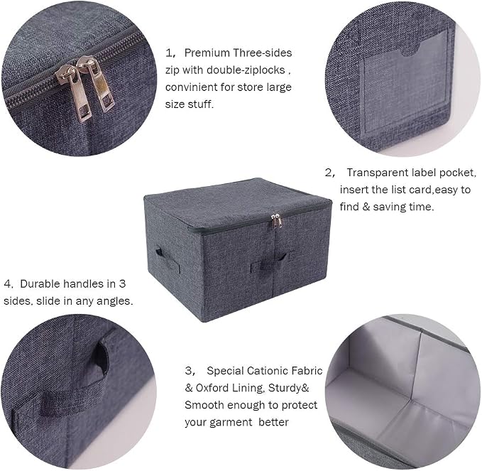 2Pcs Fabric Folding Washable Wardrobe Clothes Storage Baskets with Zip Lid | cabinets, shelves, attics, or atop closets organizer,17.6×13.6×9.7", Space Saving, breathable linen, sturdy plastic boards