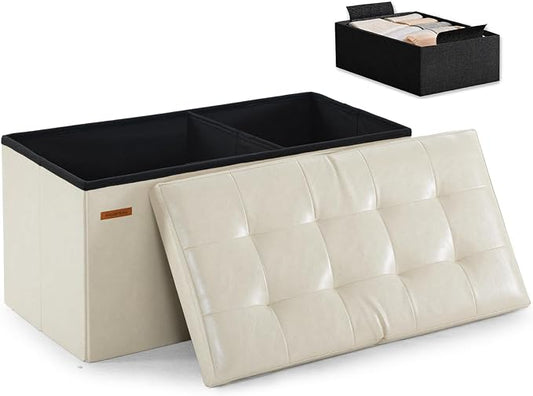 HAUSFRAU Ottoman with Storage Bench Folding Foot Rest Stool Ivory | 31.5", Flip Lid, Small Upholstered Foldable Footrest Footstool, Bedroom Bench, Living Room Dorm Ottoman, Faux Leather
