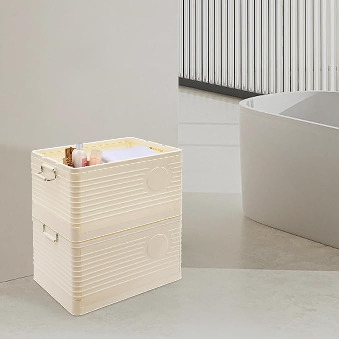 Yykniey Foldable Storage Bins with Wheels, 2 Pack Stackable Collapsible Storage Box Organizer for Closet Bedroom Living Room, Cream White