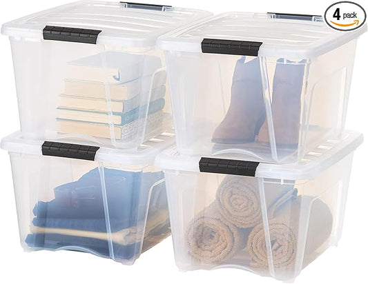 IRIS USA 4-Pack 32 Quart Storage Bins with Lids, Clear | Transparent design makes contents easy to find. Great for linens, décor, closet storage, and supplies. Nestable design saves