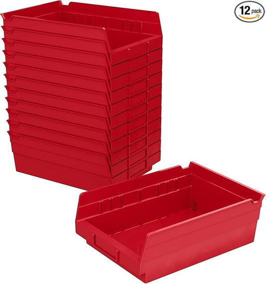 Akro-Mils 30150 Heavy Duty Plastic Shelf Bins, 12"x 8"x 4", Red, 12-Pack | Heavy Duty Nesting Storage Bins for Garage, Closet, Refrigerator, Kitchen, Cabinet, Drawer Organization, Pantry Organization
