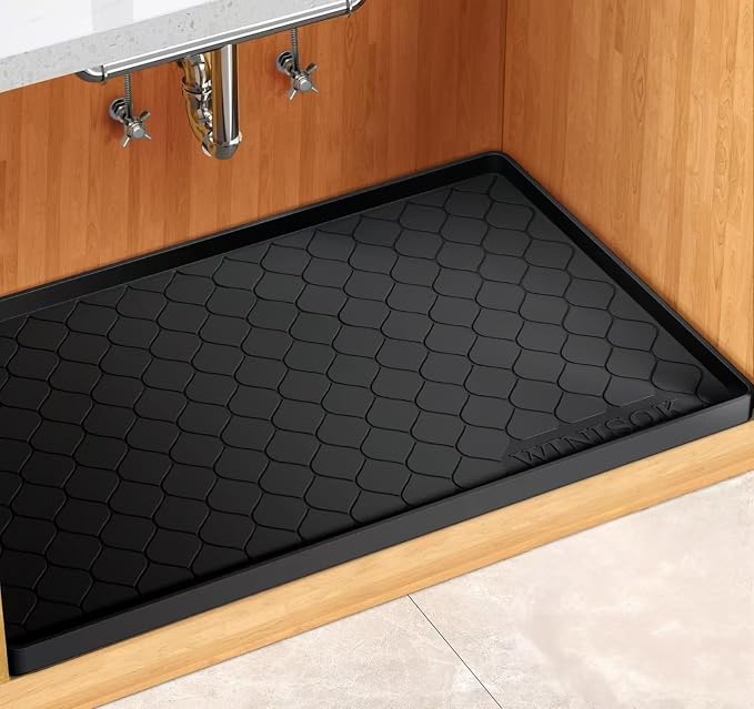 Winisok Waterproof Under Sink Mat 28" x 19", Silicone Mat, Black | Raised Edge Traps Spills & Leaks, Shelf Liner, Cabinet Protector, for Kitchen, Bathroom, Boots, Pets, Home Essentials