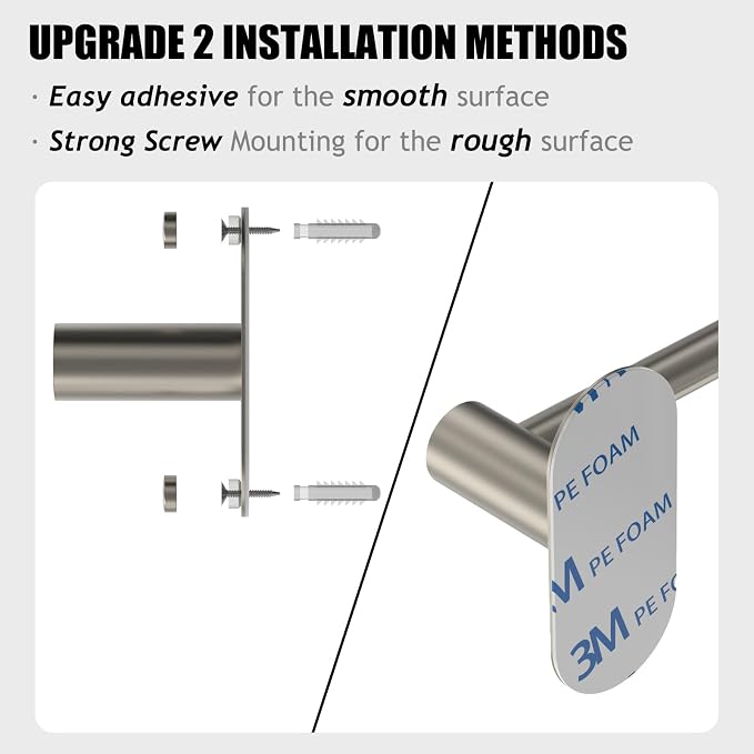 Towel Bar, Adjustable 14.4inch - 25.2inch Towel Rack, Self Adhesive Wall Mounted for Bathroom Kitchen Hand Towel Holder Cloths Hanger 304 Stainless Steel Organizer Single Bar (Brushed Nickel)