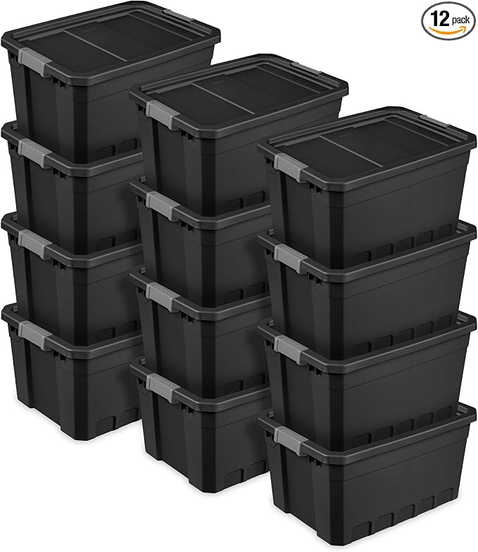 Sterilite Stacker Tote with Latching Lids for Garage, 19 Gallon, 12-Pack | Heavy-Duty and Stackable Plastic Boxes and Containers for Home, Desk, Cabinet, Dorm, Basement, or Utility Organization