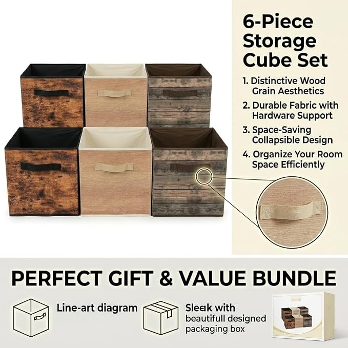 SUREMAX 11 Inch Storage Cubes 6 Pack, Wood Grain Collapsible Storage Bins with Bottom Support, Fabric Cube Storage Organizer for Closet Shelves and Bedroom, Square Box with Fabric Handles