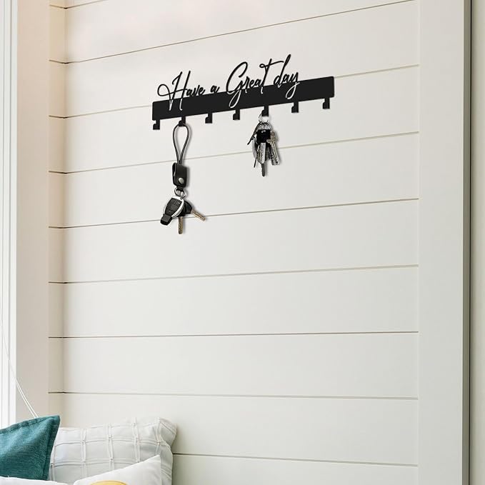 Have a Great Day Key Hooks for Wall Decoration,Delicate Fashion Black Metal Key Holder Wall Mount,Have a Great Day Key Hanger with 7 Kooks for Hallway,Office