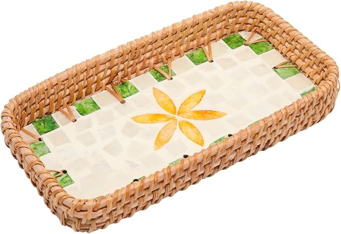 Small Rattan Decorative Tray with Mother of Pearl Inlay, 8.3x4.3 | Extra Small Handwoven Wicker Tray with Mother of Pearl Base for Coffee Table Bathroom Entryway Boho Farmhouse Home Decor Gift