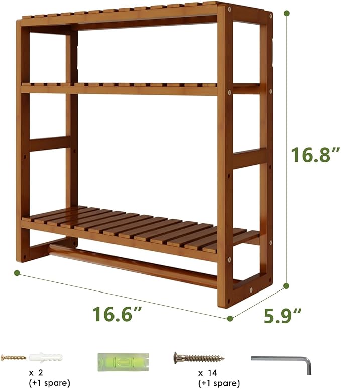 Galood Over The Toilet Storage Bathroom Shelves Wall Mounted 3 Tier Space Saver Corner Shelf Organizer Bamboo Towel Rack Toilet Paper Cabinet with Hanging Rod Brown