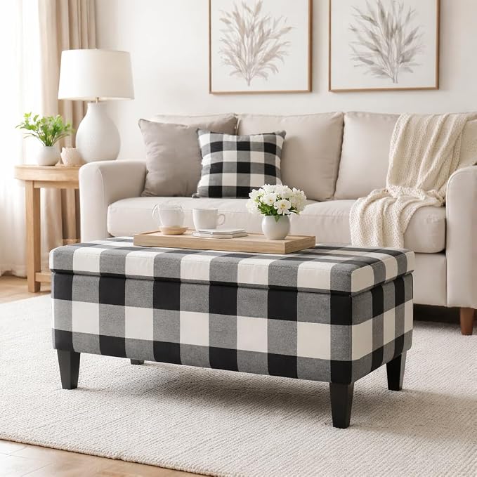 HomePop 36" Storage Ottoman Bench with Hinged Lid - Black Buffalo Plaid
