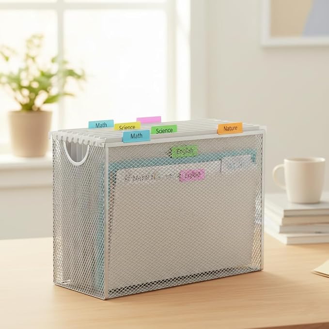 Letter-Size Hanging File Organizer (Silver, with 5 Grey Folders) | File Holder Filing Box for Desk, Metal Mesh Desk File Folder Storage for Office(No Assembly Required)
