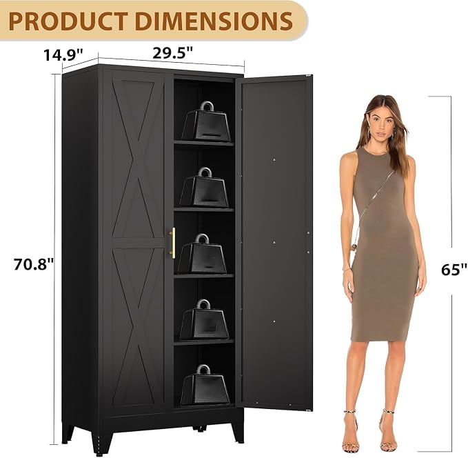 71" Metal Storage Cabinet with 2 Doors and 4 Adjustable Shelves,Black Farmhouse Kitchen Pantry Cabinet,Steel Garage Tool Cabinet,File Cabinetfor Home,Office,Dinning Living Room,Warehouse