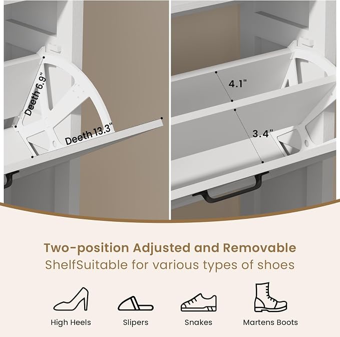 Farmhouse Shoe Cabinet with 2 Flip Drawers & Open Storage, 31.5" W White | Freestanding shoe cabinet with flip drawers ,white design and space-saving storage for entryway,foyer & hallway.