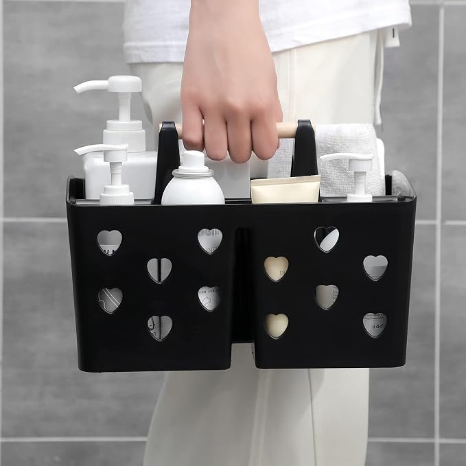 Portable Shower Caddy Plastic Shower Basket Organizer with Handle, Black | Divided Bathroom Caddy Storage Cleanning Caddy Tote for College, Dorm Room, Kitchen