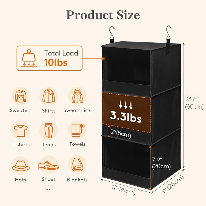 Lifewit 3 Tier Hanging Clothes Storage Organizer for RV, 1 Pack, Black | Front Anti-Slip Closet Storage Hanger with 2 Sturdy Hooks, Vertical Foldable Sweater Organization for Shelf, Wardrobe, Dorm