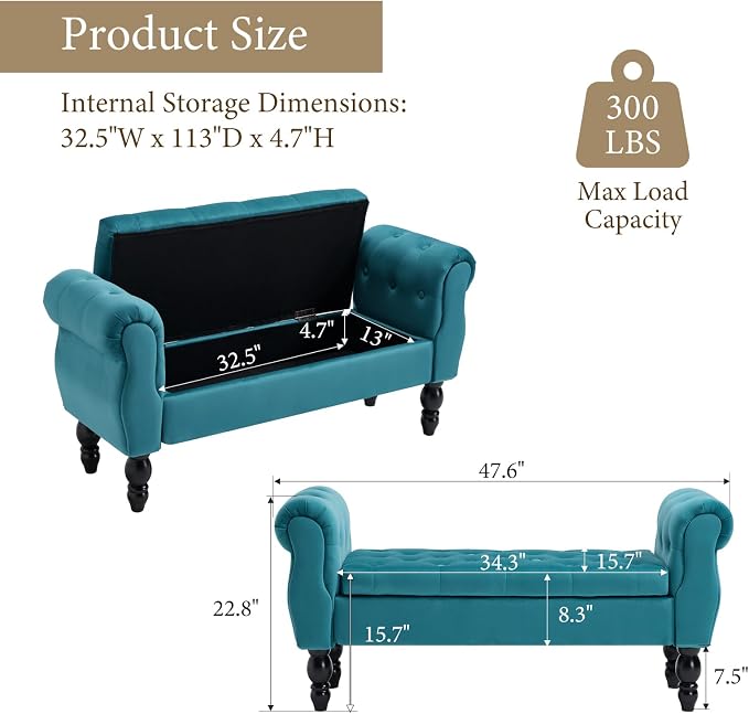 47″ Storage Bench with Arms End of Bed Bench,Velvet Entryway Bench with Storage, Button Tufted Upholstered Ottoman Bench Wood Legs, Window Sitting Bench for Bedroom/Living Room/Hallway, Teal