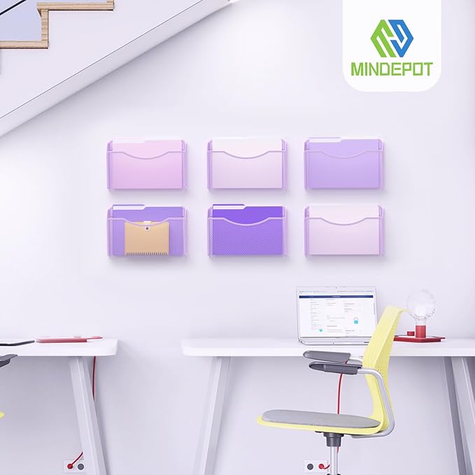 MINDEPOT Wall File Organizer, Hanging Wall File Holder, 3 Pack, Purple | Heavy Duty Iron, Metal Mesh Wall Mount, Single Pocket, Mail Organizer, for Office School Classroom Home, Letter A4 Size