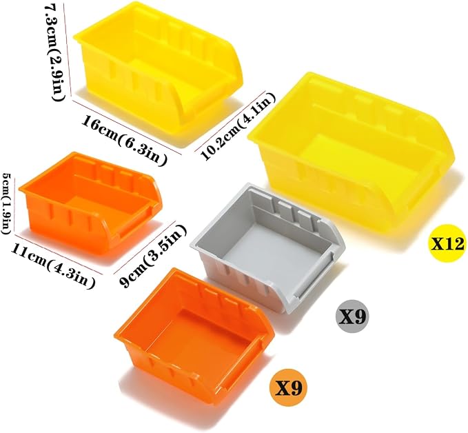 30-Bin Wall Mounted Storage Bins Kit, Tool Organizer Rack, Garage Hardware Organizer, Parts Storage Bins, DIY Combination(Grey & Orange & Yellow Type)