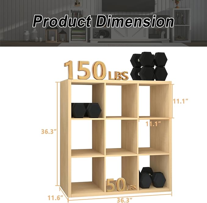 9 Cube Storage Organizer Shelf, Oak Color, 11 Inch | 2026 Wooden Thick Frame, Anti-Tipping Kits, Reversible Open Back Bookcase, Horizontal and Vertical Dual-use