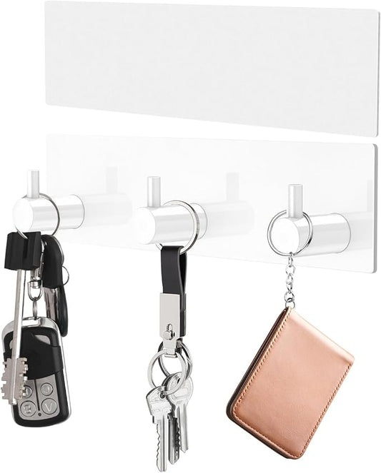 VIS'V Key Holder Wall Mount, Small Adhesive Key Hanger with 3 Hooks, White | Metal Material, No Drilling, Extra Adhesive Strip, Suitable for Entryway, Hallway, Doorway, Kitchen, Garage, Camper