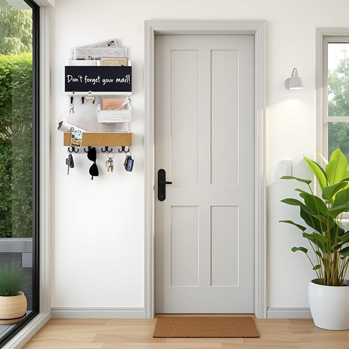 Mail Organizer Wall Mount，Key Holder Mail and Key Organizer for Wall with Shelf, Chalkboard, Corkboard, Home Decor for Room Office Entryway(Ivory White)