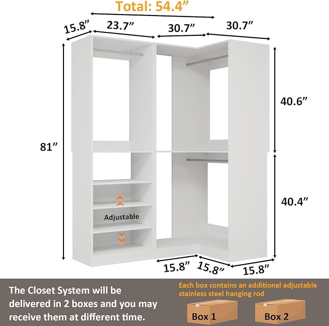 Closet System with 2 Sets, 5FT-10FT Closet Organizer System with 5 Hanging Rods& Adjustable Shelves, Corner Walk in Closet Free Standing Closet System, Modular Closet System, White