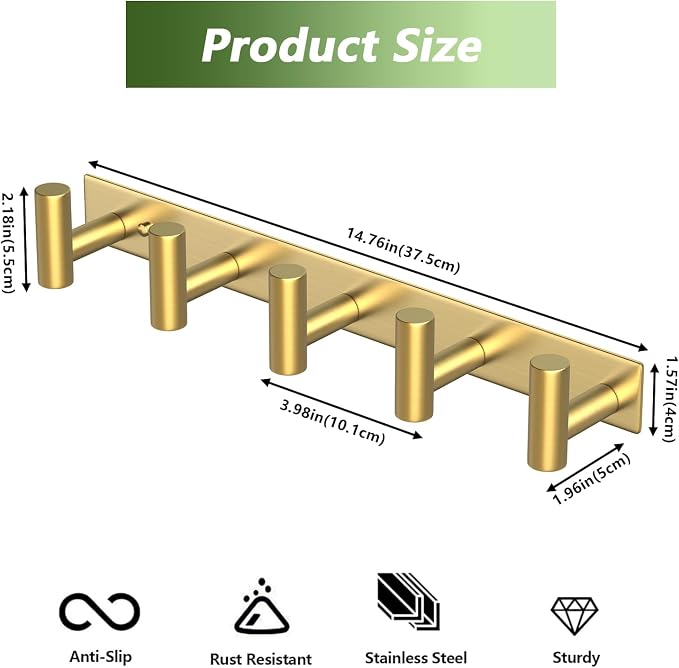 Wall Mounted Coat Rack-5 Hooks, Heavy Duty Stainless Steel Wall Hooks for Towel Coat Bag, Hat Rack Coat Hanger Coat Hooks Towel Racks for Bathroom Entryway Kitchen Hotel Office (Gold, 1 Pack)