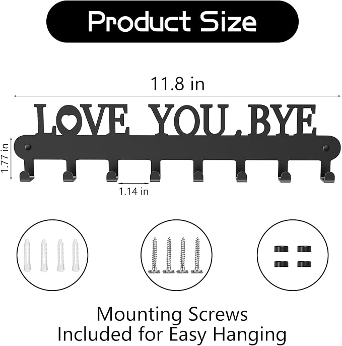 Key Holder for Wall - 'Love You Bye' Key Hooks, Black, 8 Hooks | Key Holder Wall Mount Self Adhesive, Key Rack Wall Mount for Wall No Drill for Living Room, Kitchen, Bathroom, Garage