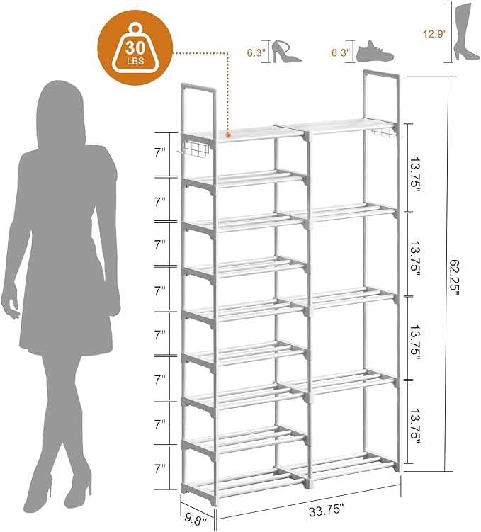 WOWLIVE 9 Tier 2-Column Shoe Rack, 30-35 Pairs Stackable White | Compact 33.75in long fits narrow spaces. Removable layers for boots/heels. Split design for flexible layout.