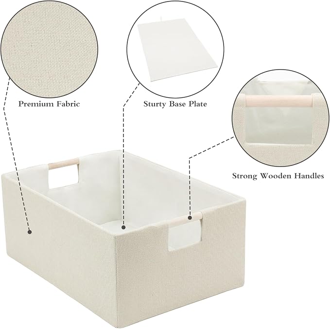 Foldable Fabric Storage Basket for Shelves, Linen Decorative Storage Bin with Wooden Handles, Small Organizer Cube for Closet, Rectangle Canvas Box for Organizing, Decor, 15x10.6x6 Inches (Beige)