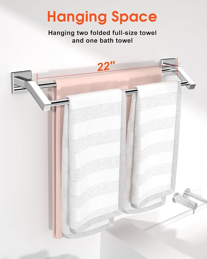 Alise Double Towel Bar,24" Double Towel Racks for Bathroom,Polished Chrome | Quick Drying Bathroom Towel Holder, SUS304 Stainless Steel Towel Hanger Wall Mounted, Useable Length 22.7"