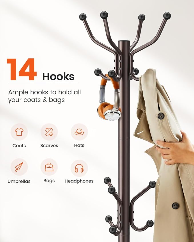 Pipishell Coat Rack with 14 Hooks, Freestanding Coat Rack Stand for Entryway, Hallway, Bedroom, and Office, Metal Coat Tree & Hat Rack for Coats, Hats, and Bags, Brown | Durable metal frame, stable four-point base, 2 hook heights for adults and kids, s...