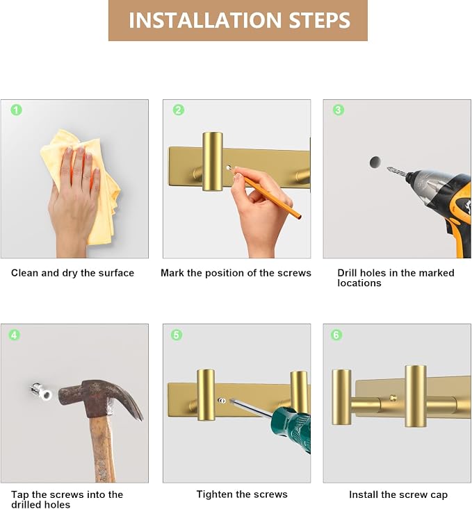 Wall Mounted Coat Rack-4 Hooks, Heavy Duty Stainless Steel Wall Hooks for Towel Coat Bag, Hat Rack Coat Hanger Coat Hooks Towel Racks for Bathroom Entryway Kitchen Hotel Office (Gold, 1 Pack)