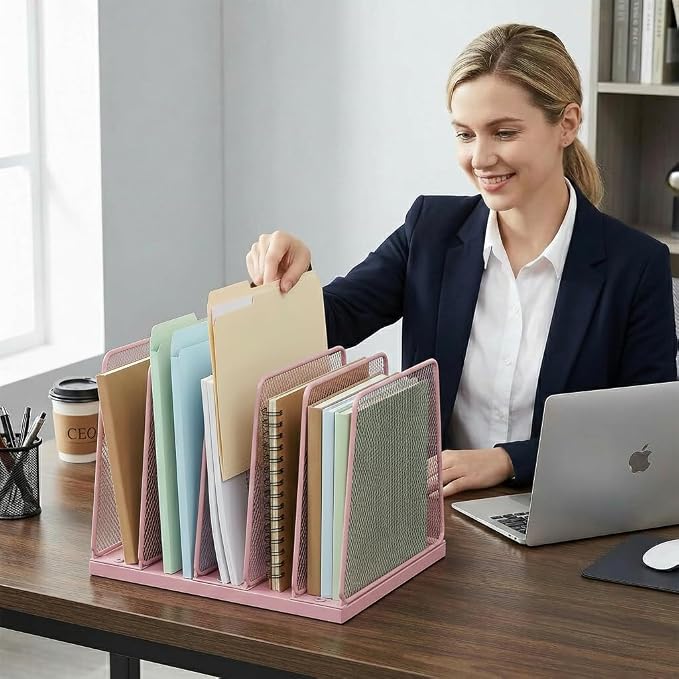 5-Section Vertical File Organizer for Desk, Sturdy Wood Base & Metal Mesh Desktop File Holder, Upright Paper Folder Sorter for Office Supplies（Pink）