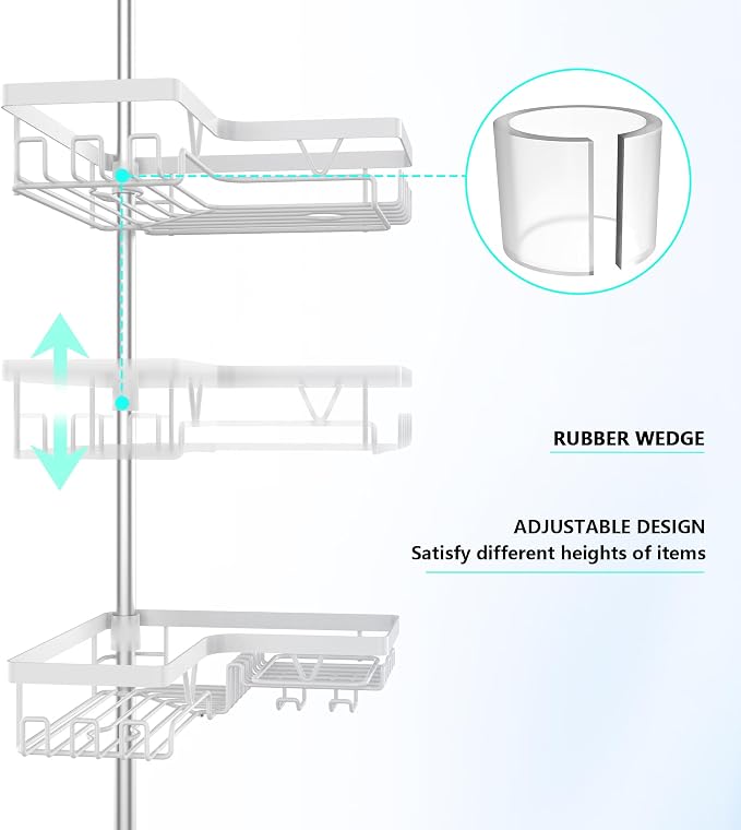 DAOYA Corner Shower Caddy Tension Pole 4 Tier Shower Caddy Organizer White | WIth 28 Hook/2 Soap Dish/ 2 Razor Holder, Rustproof, For Bathtub/Bathroom, Floor to Ceiling 25-114 Inch, Simple Install