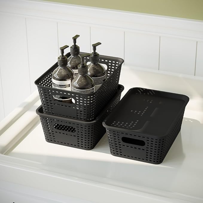Resze 6 Pack Plastic Breathable Storage Baskets with Lids, Black | Organizer Bins& Containers for Pantry, Desktops, Cabinet, Closet, Offices Organization Toys, Space Saving, Easy-Carry Handles