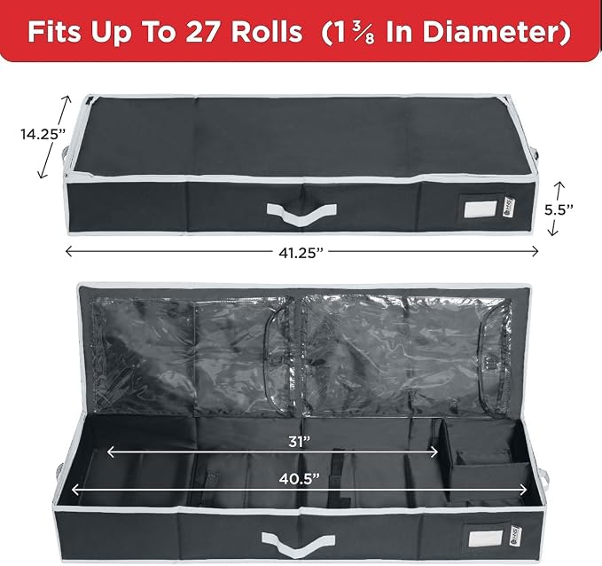 HOLDN’ STORAGE Premium Wrapping Paper Storage Container, Black/White Trim | Durable 600D Tear-Proof, Fits 27 Rolls Gift Wrap, Extra Pockets for Ribbons & Bows, Underbed Storage