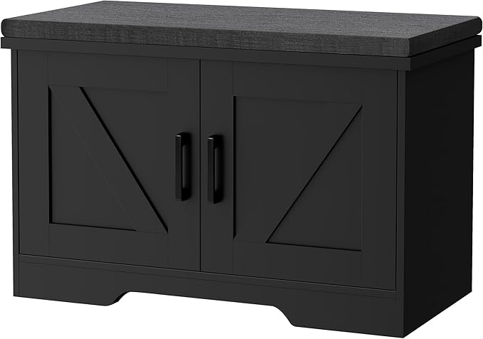 HOMSHO Farmhouse Shoe Storage Bench with 2 Barn Doors & Padded Seat Cushion | 27.6" Wide Entryway Bench with Adjustable Shelves & Hidden Storage, Black