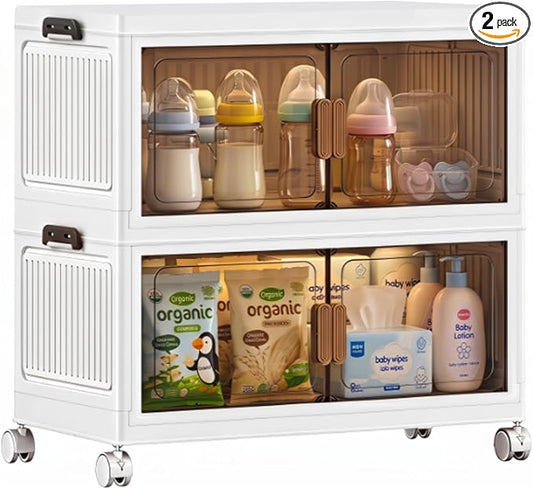 48QT Stackable Storage Bins With Lids, 2 Pack | Collapsible Storage Box, With Wheels and Doors, Foldable Storage Bins, For Bedroom Dorm Office Kitchen