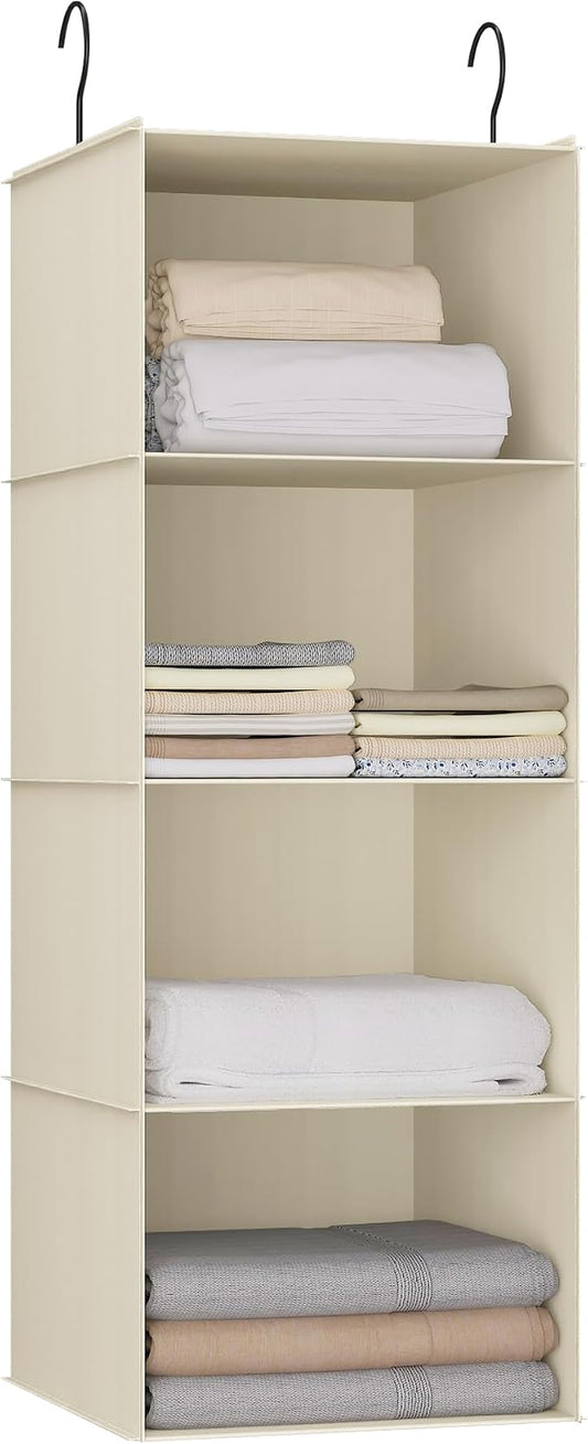 Hanging Closet Organizer 4-Shelf, Oxford Fabric Wardrobe Storage, Beige | Easy-mount foldable design holds clothes, handbags, shoes & accessories; washable Oxford fabric, sturdy and space-saving.