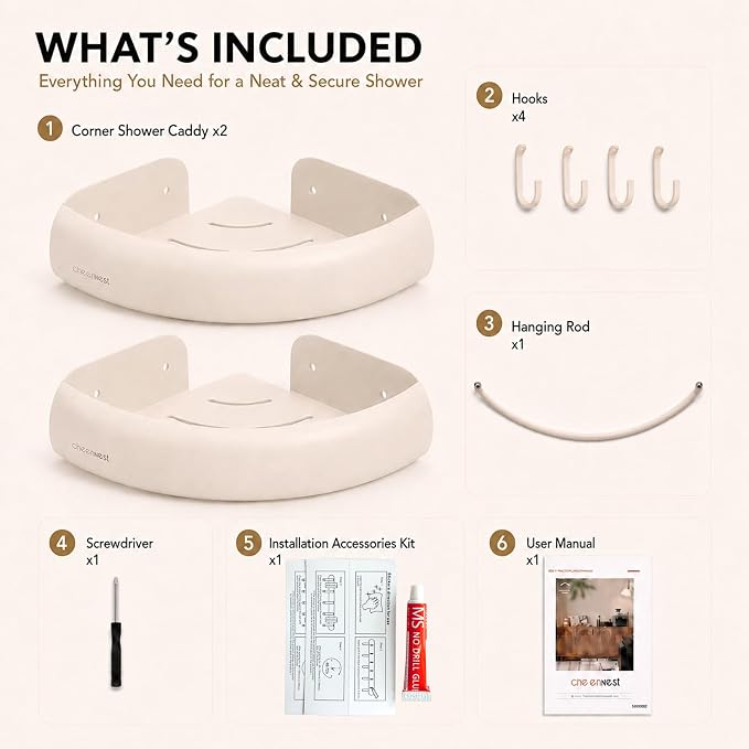 Corner Shower Caddy Adhesive Mount, No Drilling Shower Organizer | 2 Pack, Includes Hooks &Hanging Bar, Rustproof Aluminum, 2 Installation Ways, Wall-Mounted Bathroom Organizer Storage Shelves
