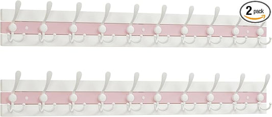 SKOLOO Coastal Coat Rack Wall Mount-38.12" Beach House Entryway Wooden Coat Hook with 10 Hooks for Hanging Coats, Hats or Towels, Oceanfront Cottage Core Collection, White & Palm Beach Pink, Pack of 2