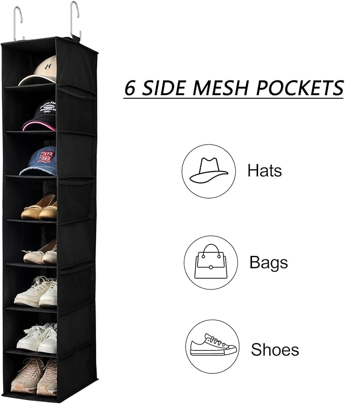 Berdeng Hanging Shoe Organizer for Closet with Side Mesh Pockets，Hat Racks for Baseball Caps，Shoe and Hat Holder & Storage，8-Shelf，Black，1 Pack