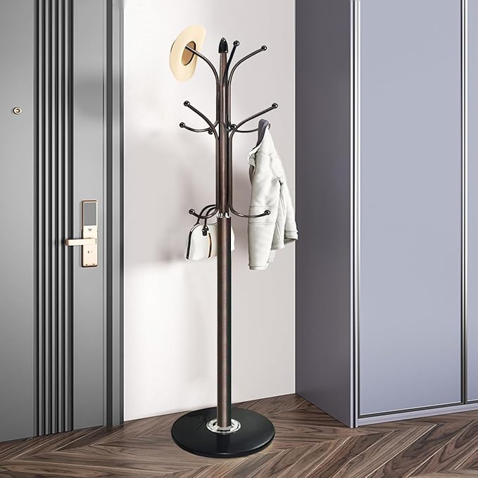 Kertnic Freestanding Coat Rack Stand, Heavy Duty Metal Hall Tree with 12 Hooks, 70 Inch Tall Stable Coat Hanger with 14.6" Natural Marble Base, Entryway Organizer for Coats Bags Hats Purses (Bronze)