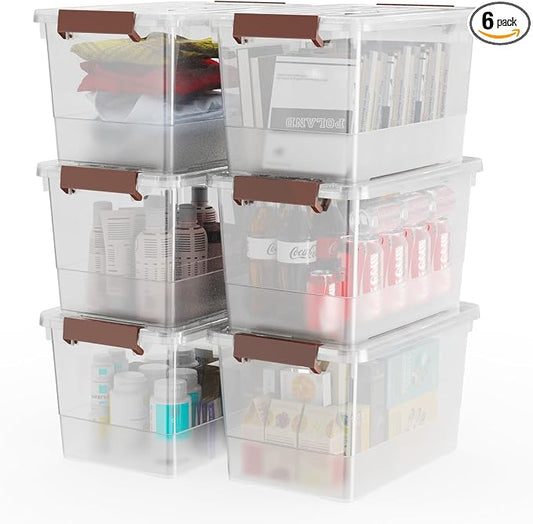 WYT 6 Pack 17qt Clear Plastic Storage Bin with Lid and Latching Buckles, Stackable Tote Organizing Box with Handle