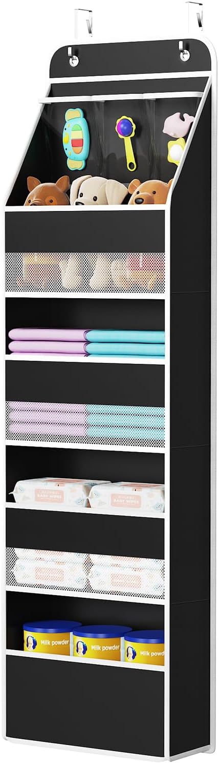 Univivi Fabric Over Door Hanging Organizer for Baby Nursery, Black, 5-Shelf | Door Storage with Large Capacity Breathable Mesh Pockets, Back of Door Organizer for Baby Essential, Bedroom, and Dorm