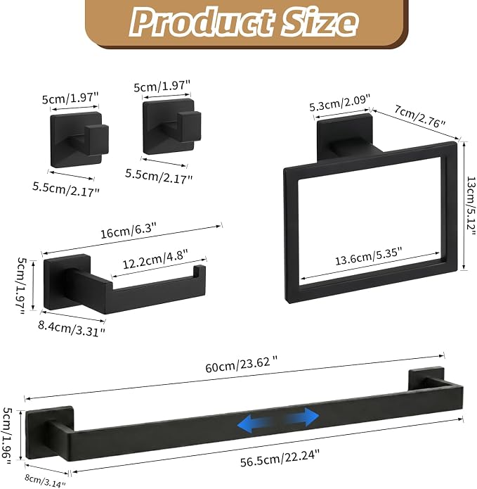 5-Pieces Matte Black Bathroom Accessories Set, 24 Inch Bath Towel Bar Set, SUS 304 Stainless Steel Bathroom Hardware Set, Towel Racks for Bathroom Wall Mounted