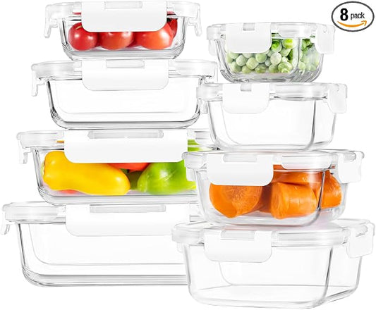 HOMBERKING 8 Pack Glass Food Storage Containers with Lids, Meal Prep Containers, Airtight Bento Boxes with Leak Proof Locking for Microwave, Oven, Freezer and Dishwasher, BPA Free, 5-35oz, white