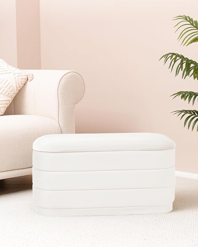B FSOBEIIALEO Velvet Storage Ottoman with Tray, Folding Ottoman with Storage Coffee Table Shoes Bench for Dorm Room, Living Room White, 30"x15"x15"